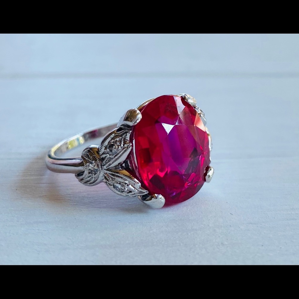 Vintage 14k White Gold Ruby Diamond Cocktail Ring